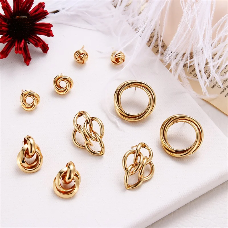 Модные золотистые металлические Многослойные серьги-гвоздики с узелком