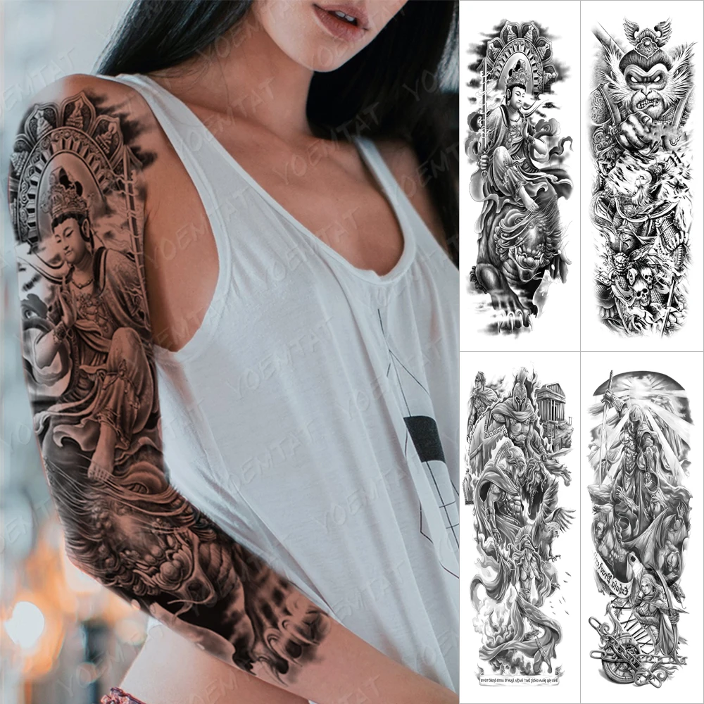 

Waterproof Temporary Large Arm Sleeve Tattoo Sticker Buddhist Holy Bodhisattva Lotus Flash Tattoos Women Body Art Fake Tatto Man