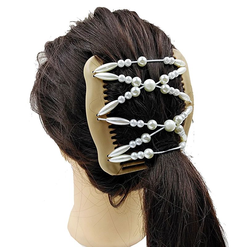 

Women Twist Rhombus Beaded Wood Pearl Clip Side Combs Jewelry Stretchable Styling Double Clips Hairpins Ponytail Bun Maker