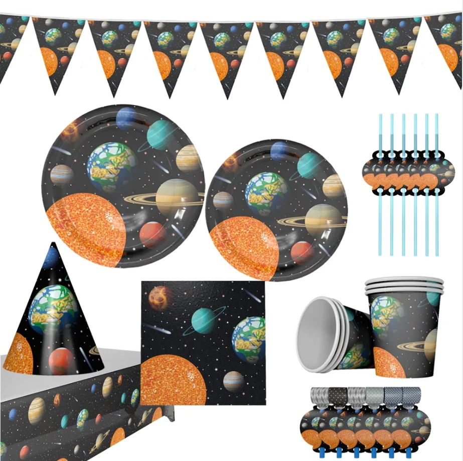 

Solar System Outer Space Disposable Tableware Set Baby Shower Plates Cup Fork Spoon Cake Topper Birthday Party Supplies BabyGift