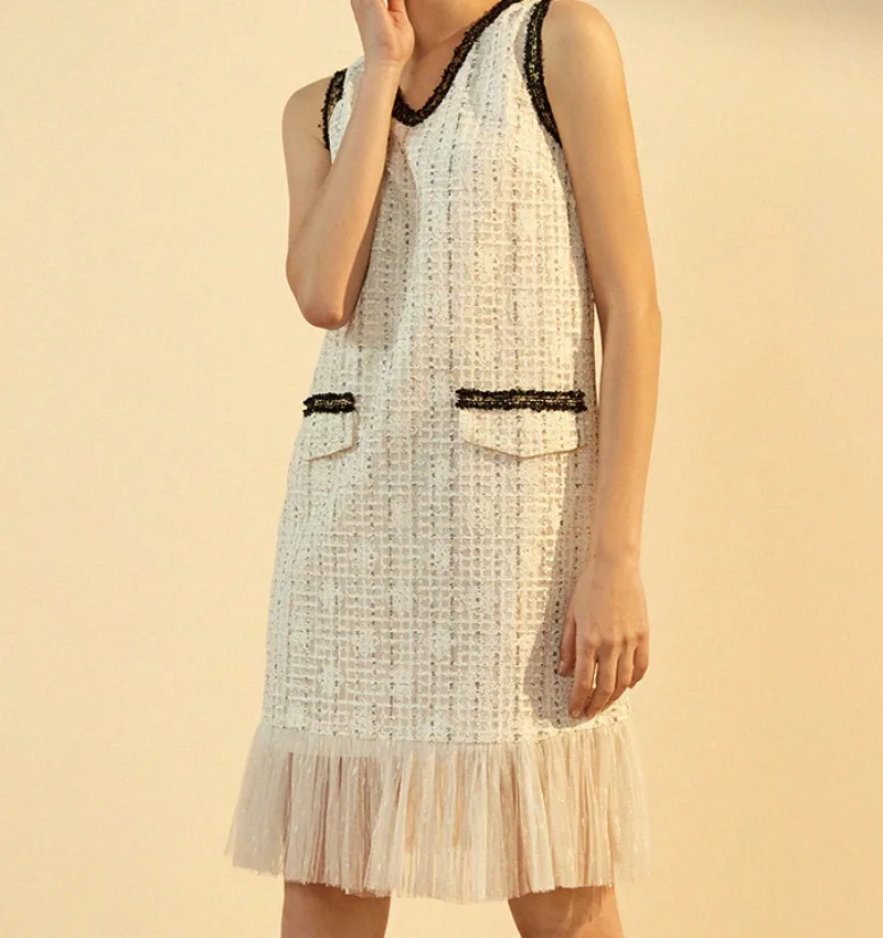 

Hot Sale Summer Women Slim Fit Sleeveless Dress Lace Tassels A Line Tweed Dresses V Neck Office Ladies Beige Twill Tank Dress