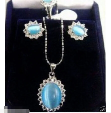 Горячая продажа Новый-красивый синий опал кольцо набор из сережек и кулона ^ @ 18K GP