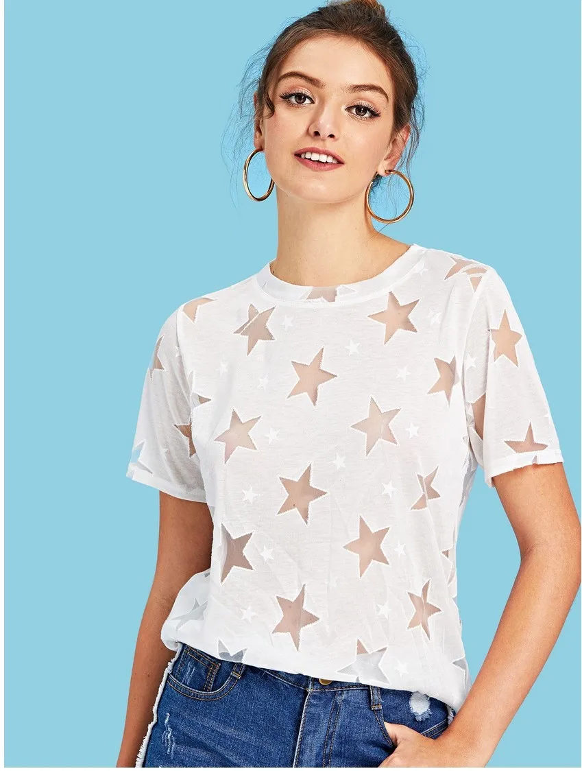 Летняя женская Свободная Повседневная футболка Сексуальная с вырезами в стиле