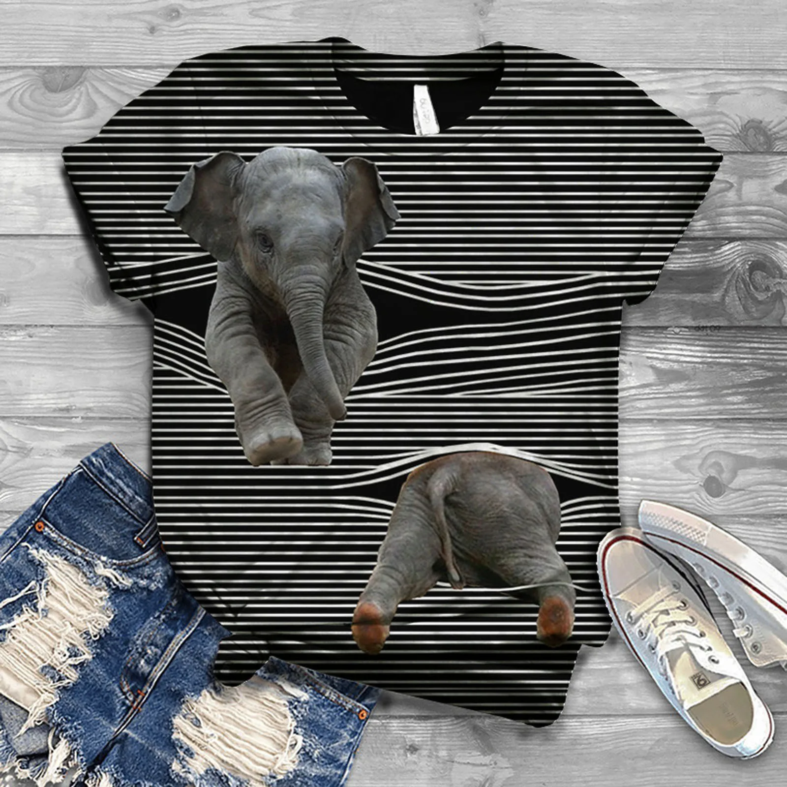 

Tee Shirt Femme Women T Shirt O-neck Short Sleeve 3d Elephant Print Striped Casual Women Top T-shirt Loose Streetwear
