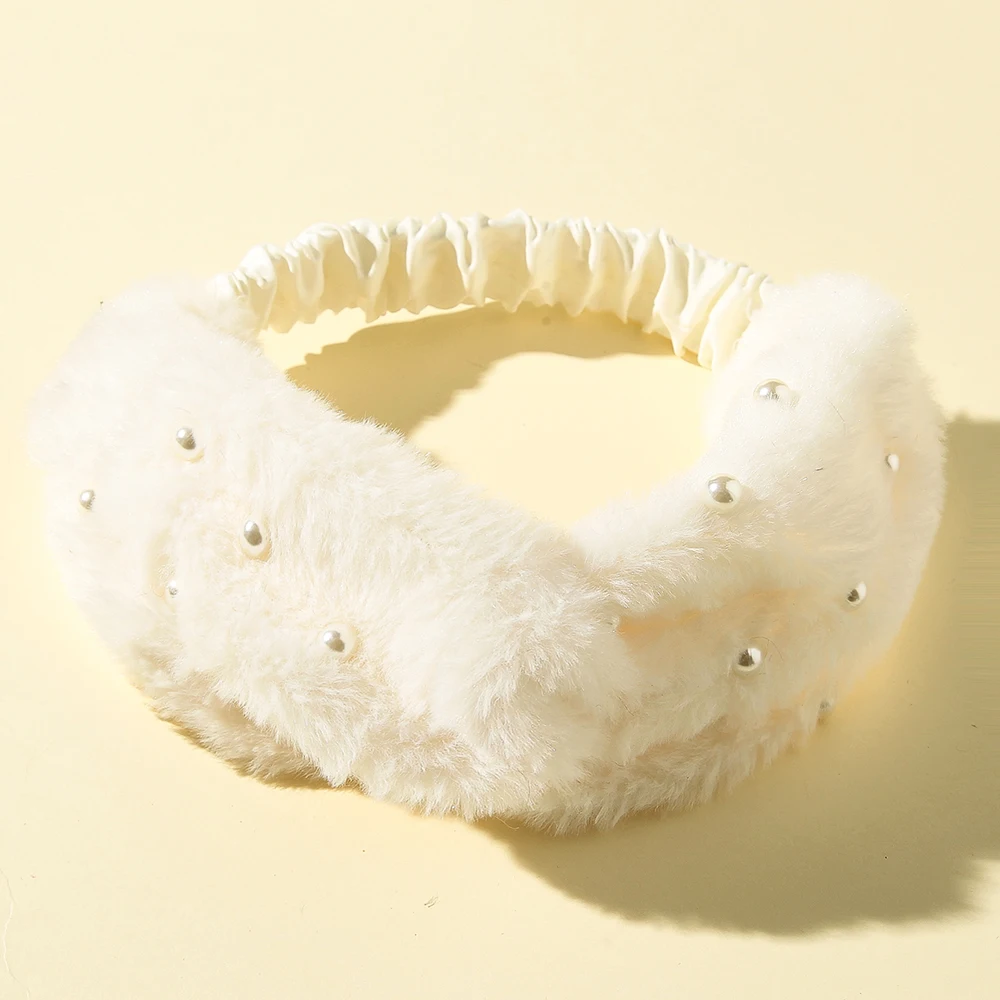 

3pcs Winter Imitation Mink Fur Head Bands Fluffy Cross Knotted Solid Color Handmade Pearl Hairbands Warm Women's Sweet Headband