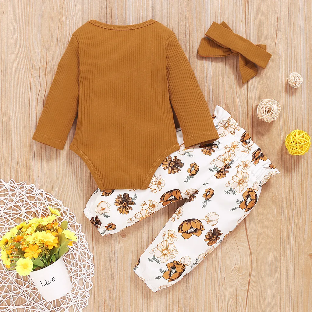 

Newborn Baby Girl Clothes Set Fashion Autumn Long Sleeve Solid Color Romper Tops Floral Pants Headband Infant Clothing Outfits