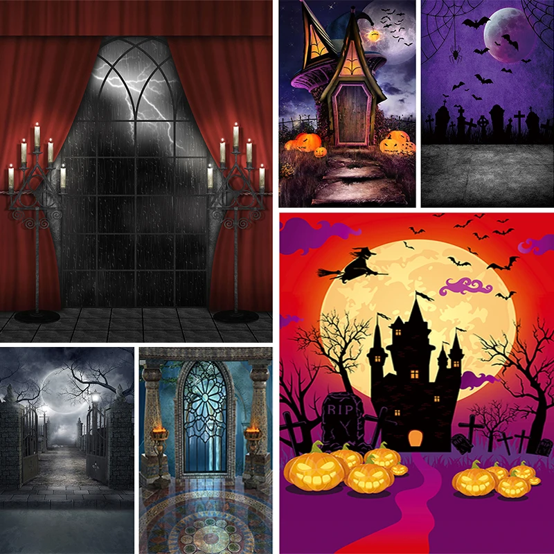 

Halloween Backdrop Photography Baby Castle Pumpkin Lantern Forest Moon Tombstone Background Photo Studio Photophone