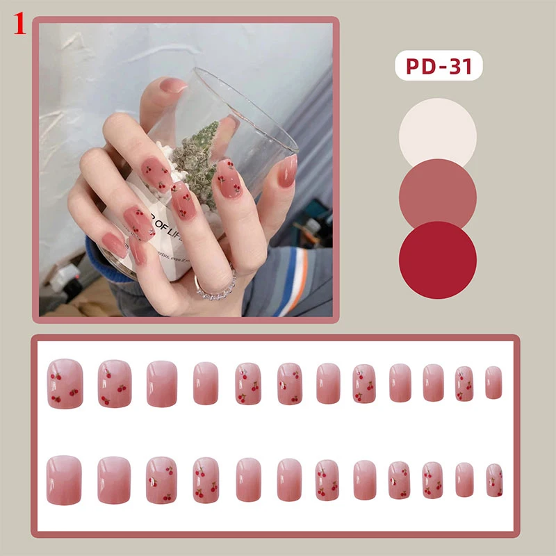 

24pcs/Set Cartoon Pattern False Nails Flower Dot Red Heart Summer Fake Nails Girls Nail Tips Nail Art Press on Nails with Glue