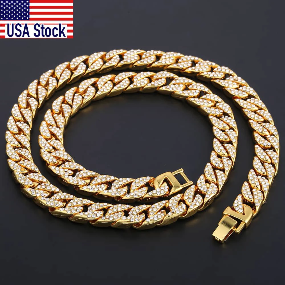 Hiphop 14mm Rhinestones Necklack Gold Color Miami Curb Cuban Chain CZ Rapper For Men Jewelry GN432