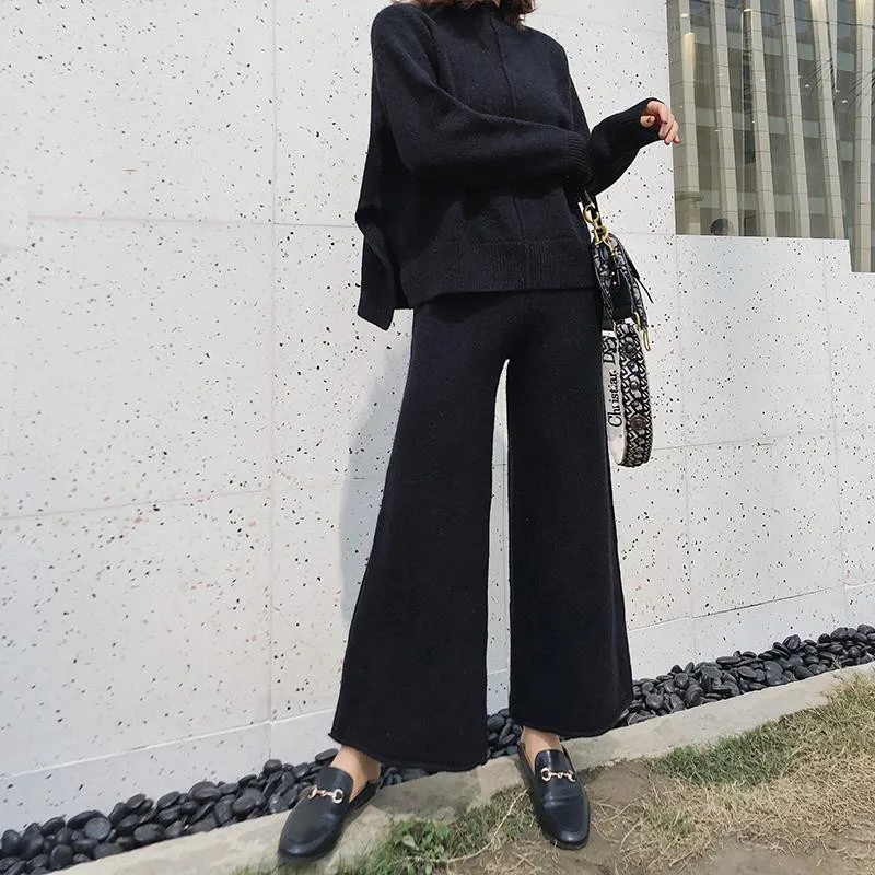 

2021 Autumn Winter Thick Knitted Two Pieces Set Women Warm Half Turtleneck Pullover Sweater+Wide Leg Pants Warm Sweater Suit