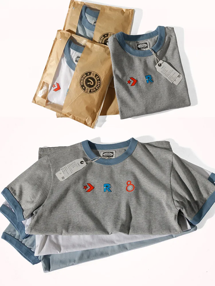 

Summer New American Retro Heavyweight Personality Printing T-shirt Men's Fashion Pure Cotton Washed Old Round Neck Casual Tops