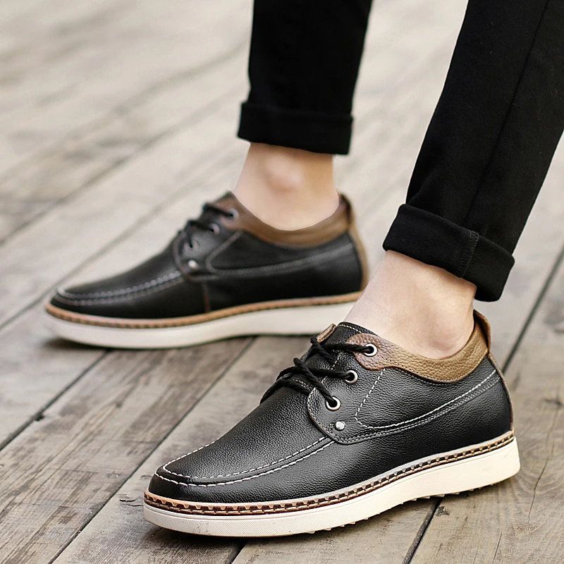 

men loafers genuine leather moccasins lace up outdoor walking driving men casual shoes fashion Internal increase flats footwear