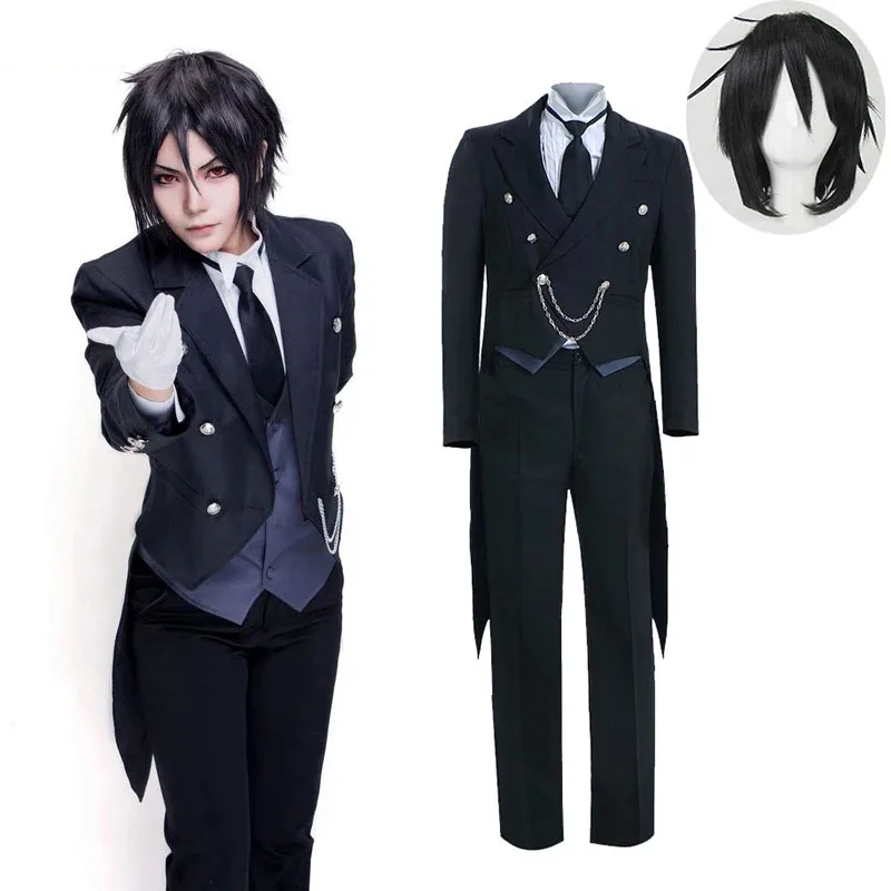 

2021 Anime Black Butler Kuroshitsuji Sebastian Michaelis Cosplay Costume Women Men Black Uniform Outfit Halloween Costumes wig