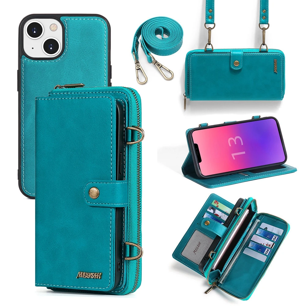 

Multi-Function Phone Case For iPhone 13 mini Pro Max Kickstand Flip Cover Wallet Design Mobile Phone Case With Crossbody belt