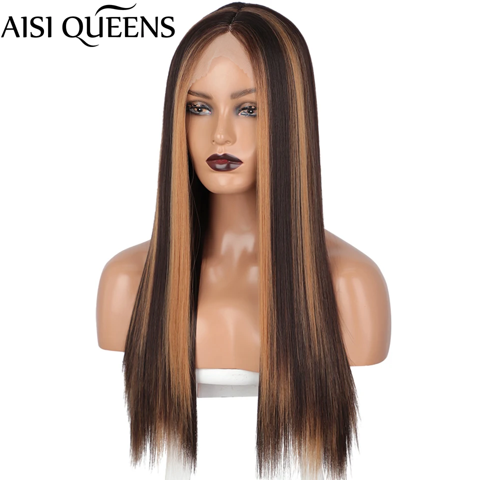 

AISI QUEENS Lace Front Wig Synthetic Wigs Long Straight Wigs for Women 60 613 Brown Mixed Blonde Middle Part Hairline