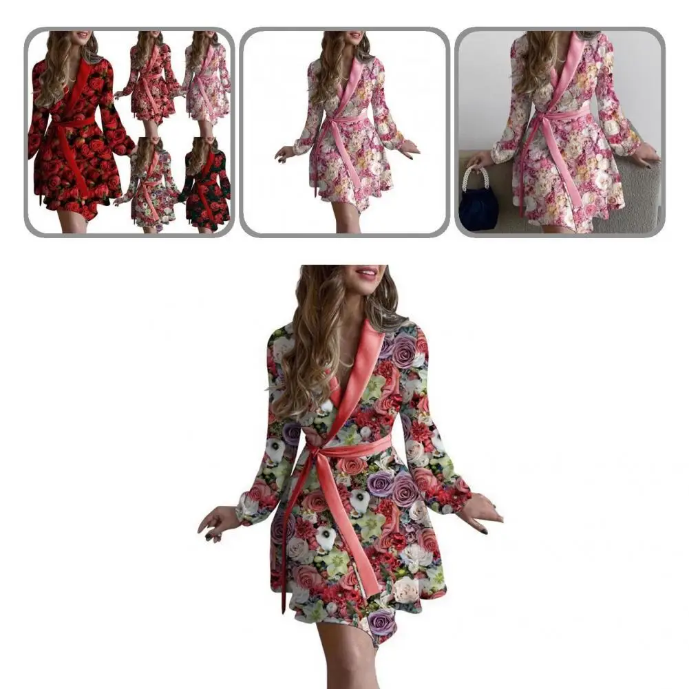 

Beautiful Rose Flower Print Wrap V-Neck Women Dress Women Dress Elegant Flowy Hem