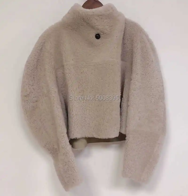 

Woman Faux Suede Wool Blend Reversible Short Jacket Funnel High Collar With One Button Long Sleeves Drop Shoulder Oversized Top