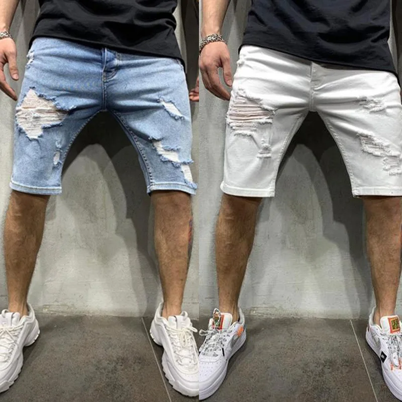 

2021 Summer Men Ripped Jeans Solid Colour Skinny Frayed Denim Shorts Hip-Hop Knee Length Shorts Straight Slim Jeans
