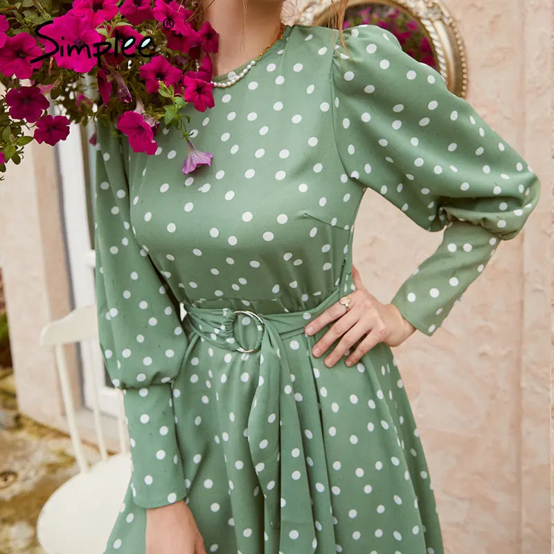 Simplee Commute вырез лодочкой в горошек зеленое женское платье с длинным рукавом