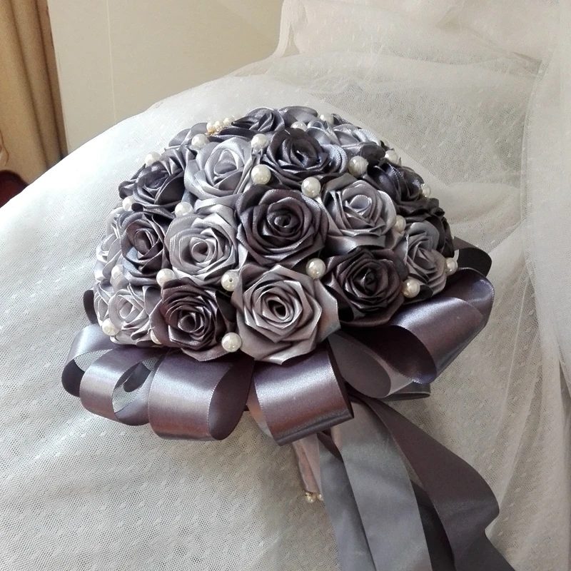 

New Arrival Large size Sliver Grey Handmade Satin Roses Wedding Bouquet Pearls Beading Ramos de Novia Bouquet de Mariage