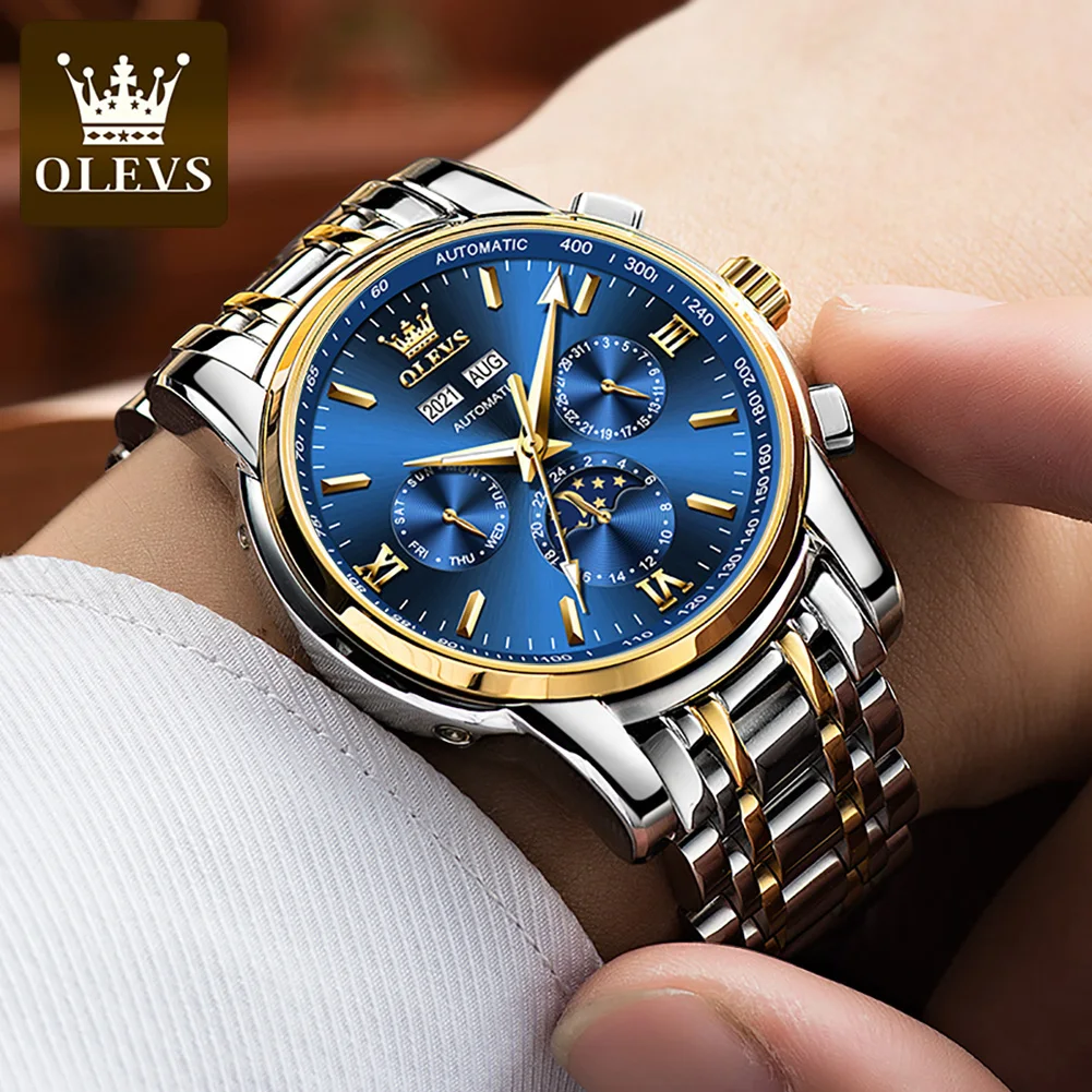 OLEVS Luxury Mens Mechancial Watches Stainless Steel Waterproof Multifunction Business Moon Phase Automatic Wristwatch Men Watch