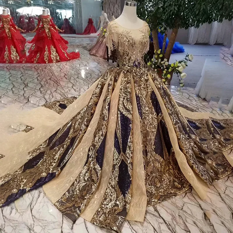 LS11080 Luxury Long Evening Dress 2020 For Women Occasion Gowns O-Neck Crystal Short Sleeves Golden Lace