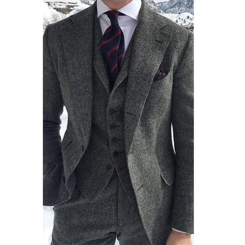 

Herringbone Woollen Tweed Grey Suits For Men Formal Business Groom Wedding Tuxedo 3 Piece Man Suit Jacket Waistcoat With Pants