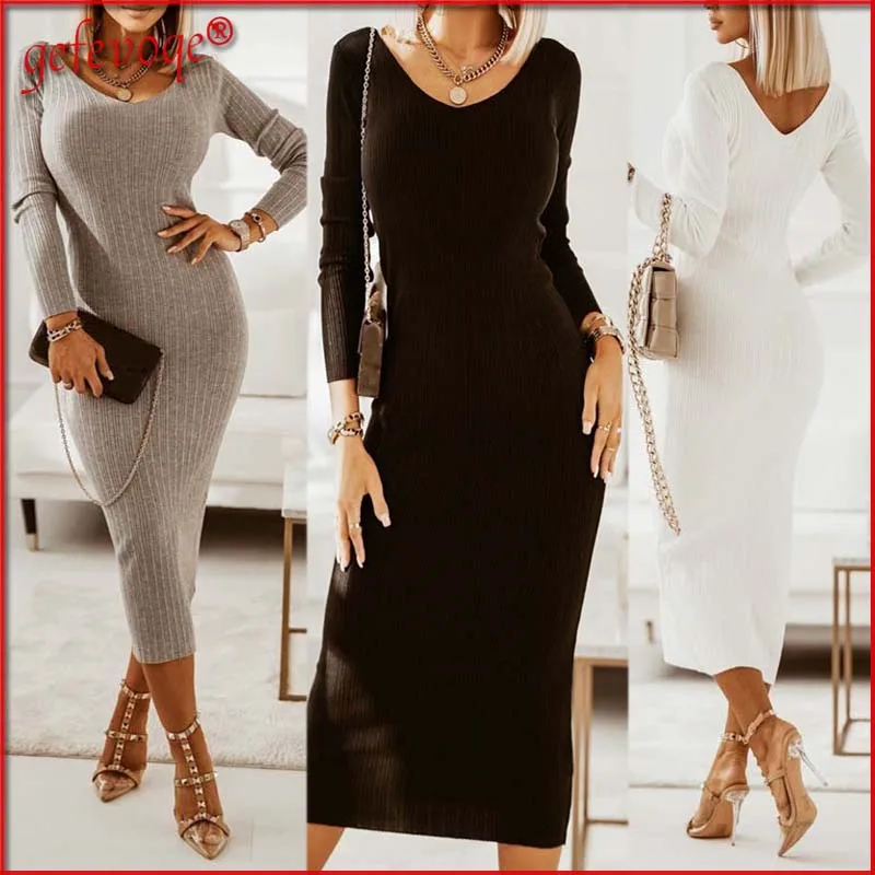 

Женское трикотажное платье средней длины, элегантное праздвечерние чное облегающее платье с длинным рукавом и V-образным вырезом, Осень-зим...