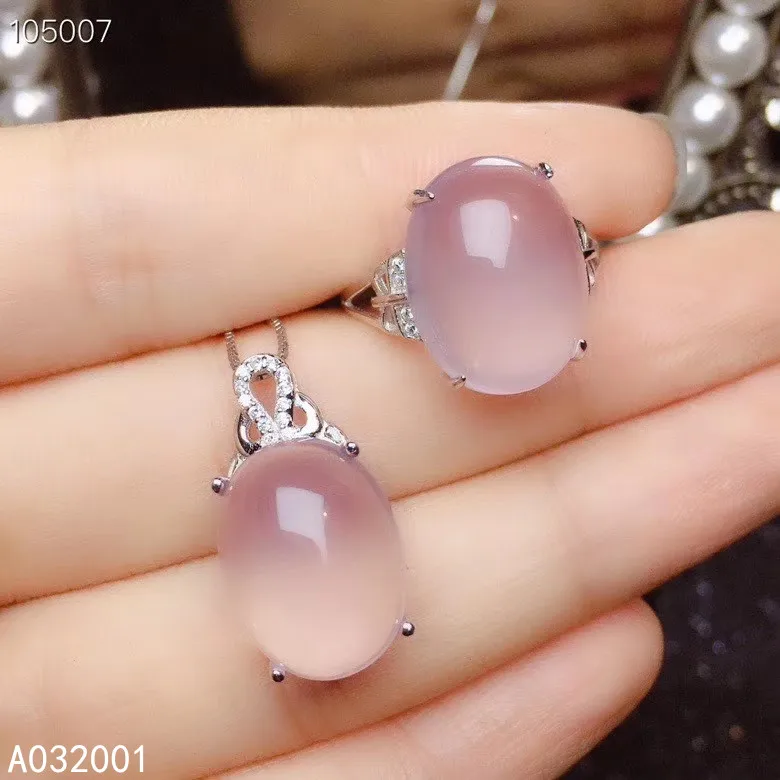 KJJEAXCMY fine jewelry natural Rose Quartz 925 sterling silver women pendant necklace chain ring set support test elegant