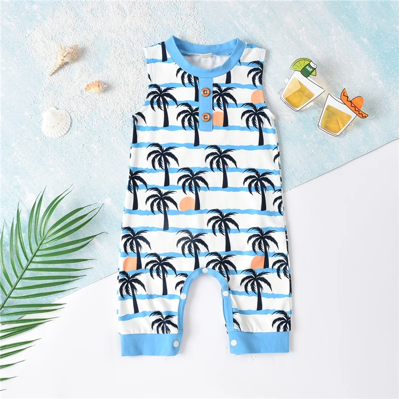 

New Infant Baby Girls Boys Romper Summer Toddler Coconut Tree Printing Button Decoration Sleeveless Round Collar Jumpsuit