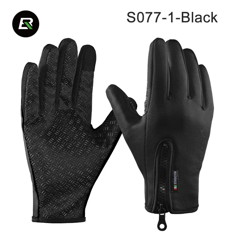 S077-1-Black ROCKBROS зима осень велосипедные перчатки полный палец сохраняет тепло MTB Горный велосипедные перчатки с гелевой пропиткой коврик ударопрочный мотоцикл велосипедные перчатки - Цвет: S077-1-Black