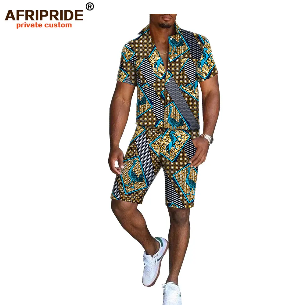 Африканский принт, летние шорты, набор для мужчин, AFRIPRIDE, короткий рукав, однобортный Топ+ шорты до колен, повседневный комплект A1816006 - Цвет: 549