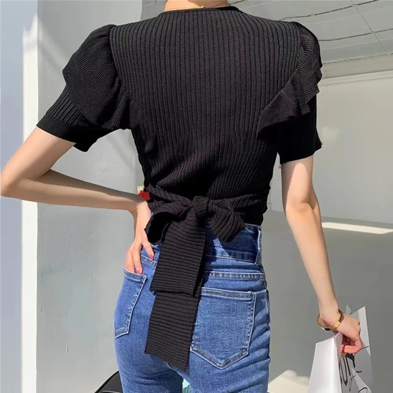 

GALCAUR Elegant T Shirt For Women V Neck Butterfly Short Sleeve Ruched Knitted Oversize Bandage T Shirts Female 2021 Clothes New