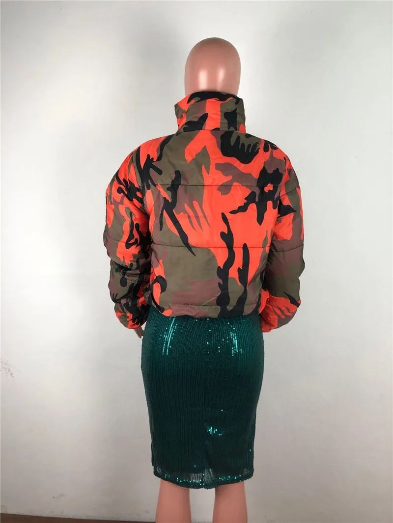 Fashion Autumn Winter Cotton Padded Coat Short Camo Jacket for Women Stand Collar Zip Long Sleeve Warm Outerwear Hot Sale 2021