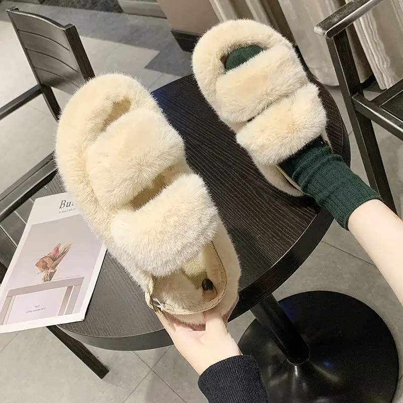 

Winter Back Strap Women Home Slippers Rabbit Fur Warm Shoes Woman Slip On Flats Slides Cute Plush Fluffy Lady Cotton Slippers