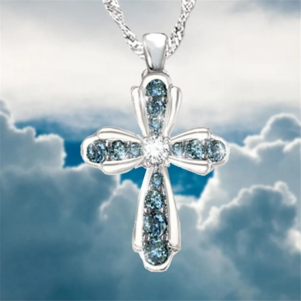 

Light luxury popular women's blue cross necklace fashion religious style prom gift jewelry pendant wholesale