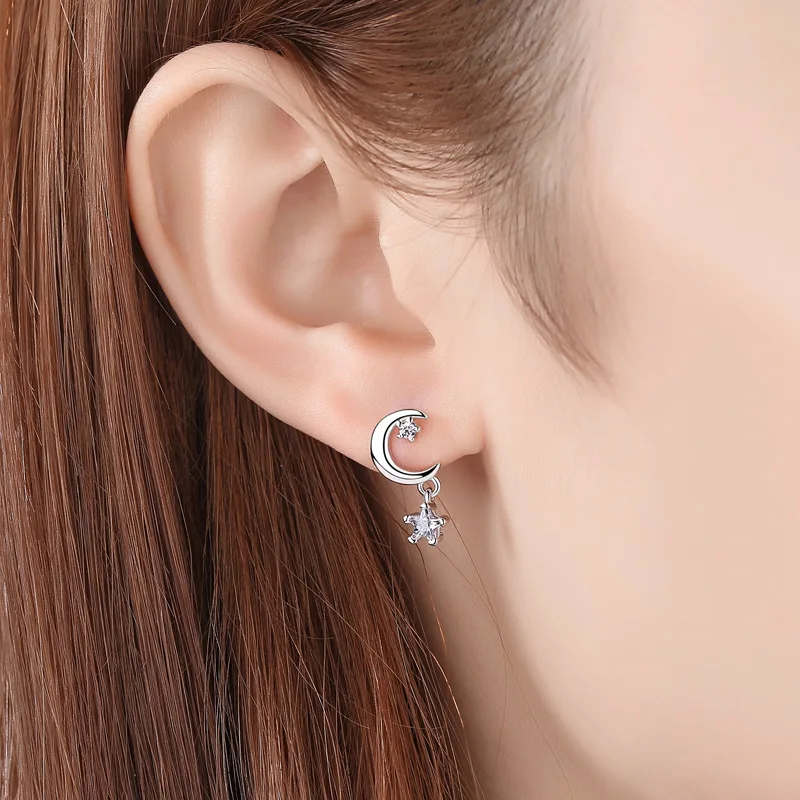 

SUMU 925 Sterling Silver Cubic Zirconia Star Moon Earrings For Women Fashion Style Girl Sterling-silver-jewelry