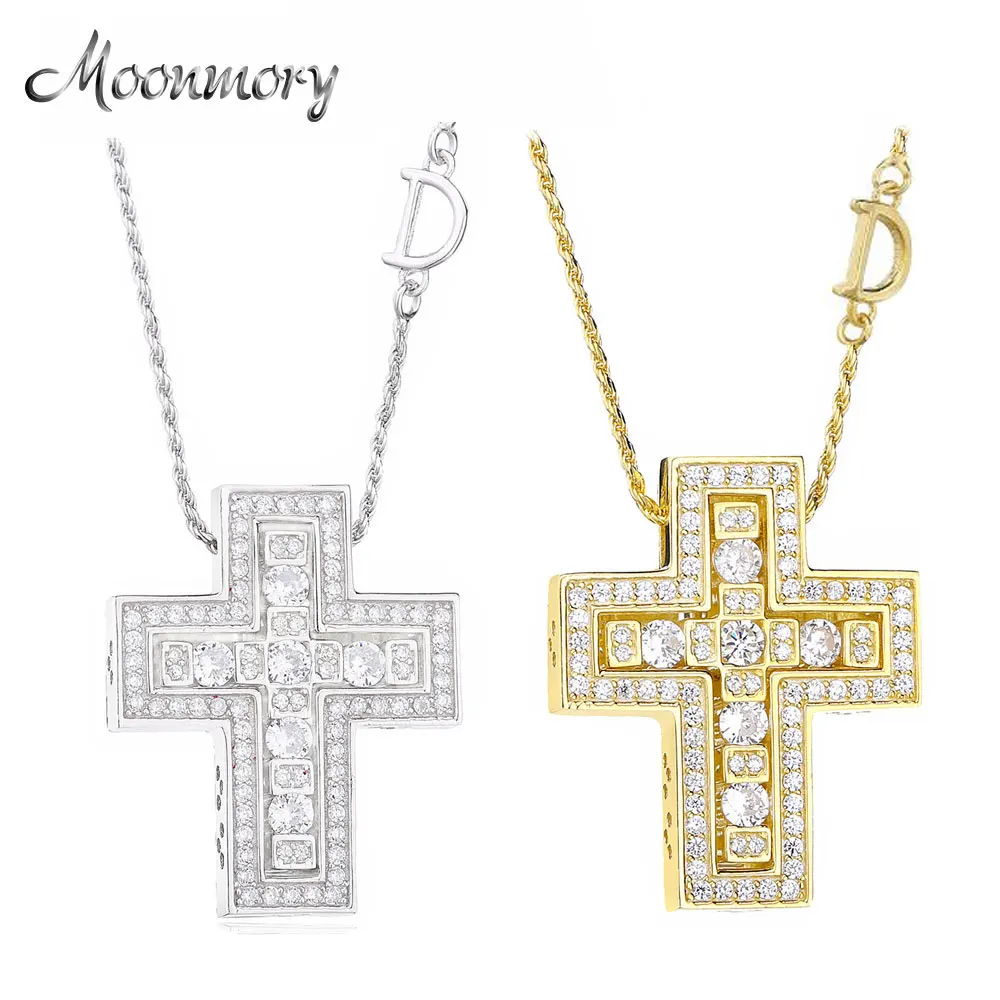 Moonmory серебро 925 пробы Belle двойной крест циркон CZ Золотая подвеска длинная цепочка