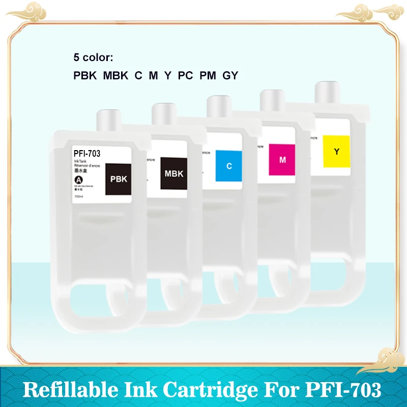 

5 color/set PFI-703 PFI703 Refillable Ink Cartridge With Compatible Chip For Canon iPF810 iPF815 iPF820 iPF825 Printer 700ML