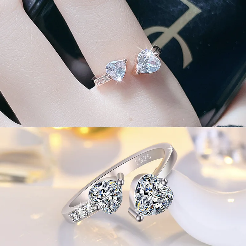 

LIVVY Silver Color New Simple Design Heart Shape Crystal Zircon Opening Ring for Women Fashion Fine Handmade Jewelry