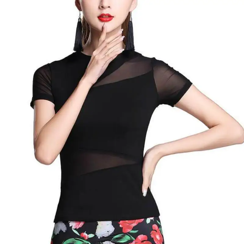 

Halter Neck Short Sleeve Dance Top with Mesh 226-658