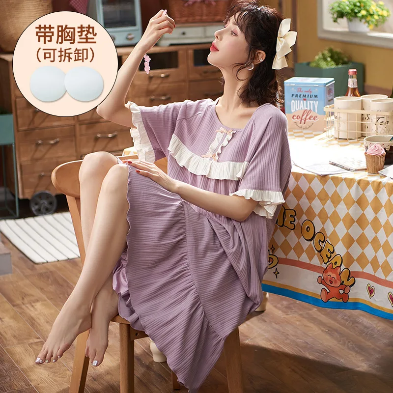 

Summer nightdress women's cotton short sleeve thin style with bra sweet and lovely Korean loose oversize can wear home clothes