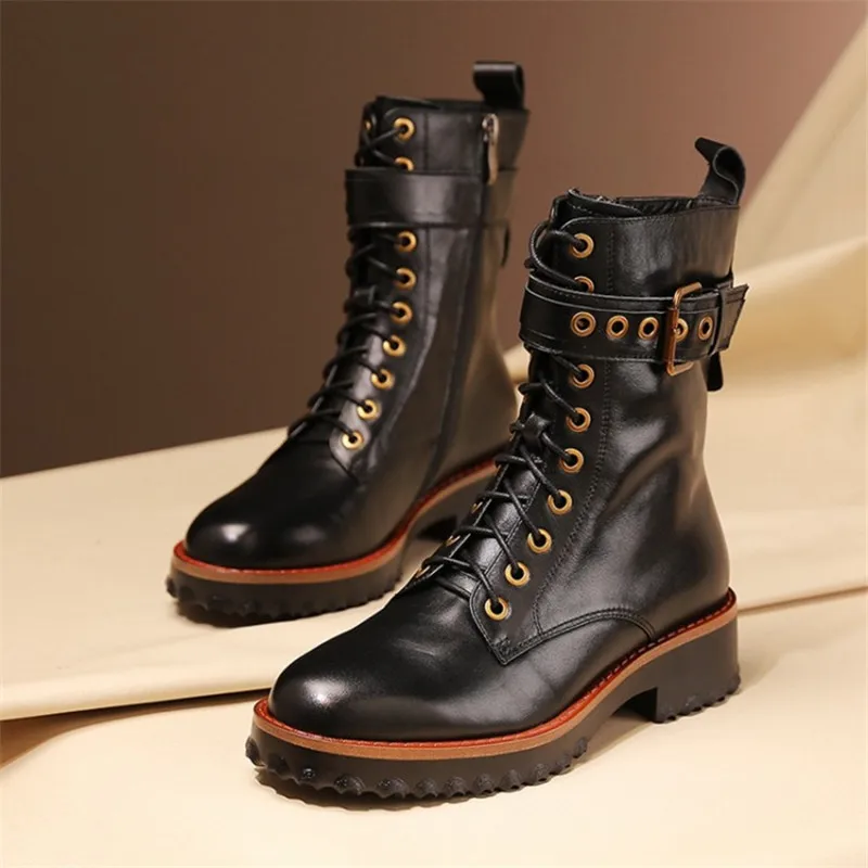 

Winter Women Boots with Zipper Lace Up and Buckle Round Toe Chunky Heel Comfortable Casual All-match Boots Item No.908-9