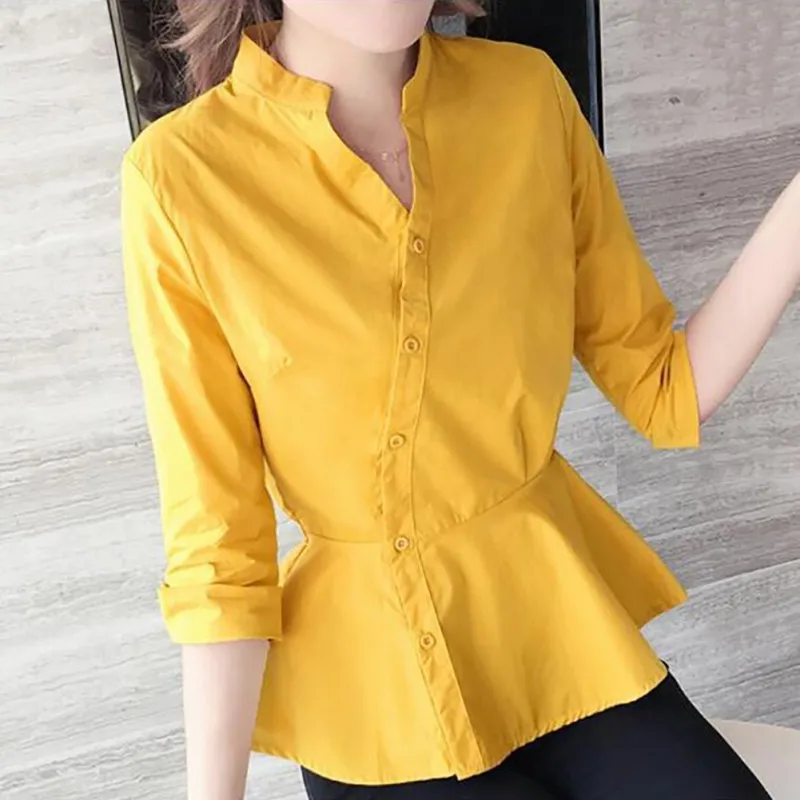 

Women Stand Collar Half Sleeve Blouse Irregular Button Decoration Elegant Lady Blouses Yellow White