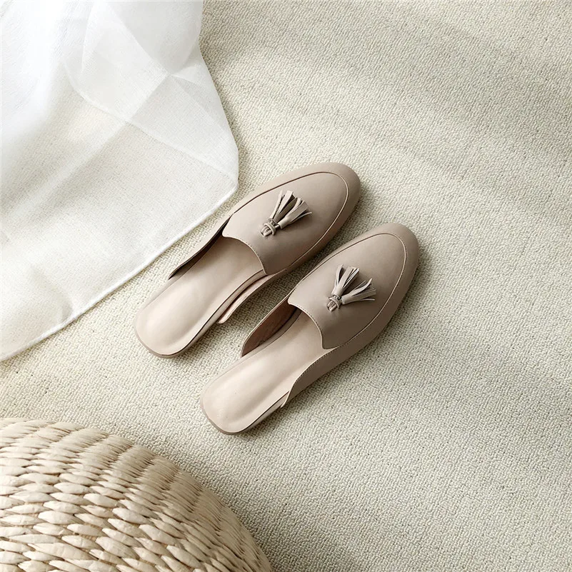 

Meotina Women Mules Shoes Natural Genuine Leather Flats Shoes Round Toe Fringe Shoes Ladies Casual Flats Footwear Spring Black