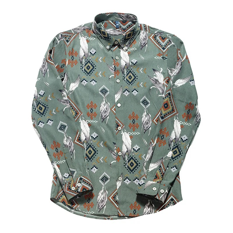 

Green Print Retro Shirt Men Social Gentleman Fashion Korean Casual Slim Dress Shirts Streetwear Formal Clothing Chemise Homme