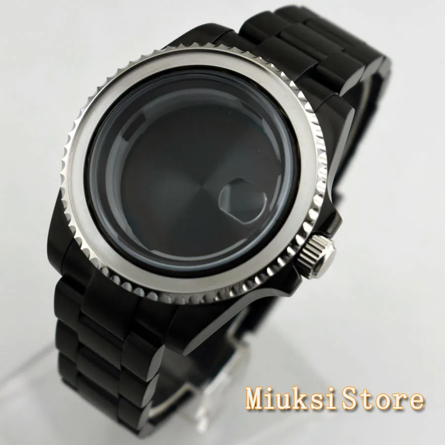 40mm sapphire glass date window PVD black steel watch case strap fit NH35 NH36 ETA2836,Miyota82 Serie,DG2813/3804 movement