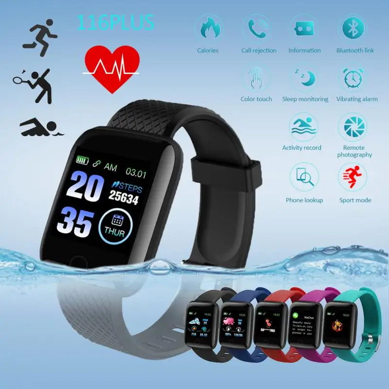 

Smart Watch Waterproof IP65 Bracelet Watch Color Screen Heart Rate Blood Pressure Monitoring Track Digital Watch 116 PLUS