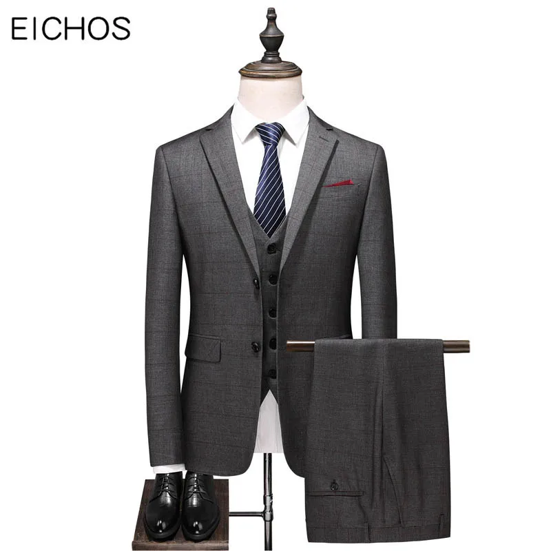 

New Brand Slim Fit Wool Plaid Suit Men Classic 3 Piece Mens Wedding Suits Business Casual Grey Men's Formal Suits