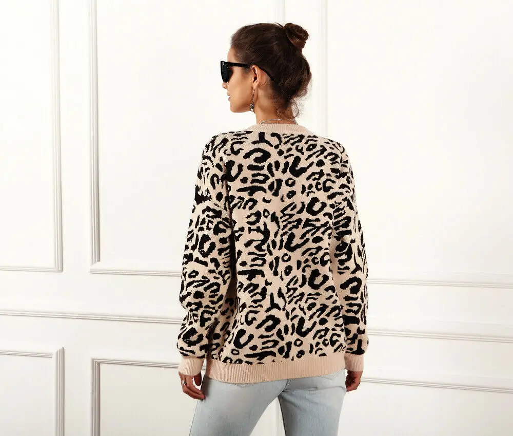 Autumn Winter Fashion Women Loose Knit Leopard Print Long Sleeve O Neck Sweater Jumper Pullover Red Khaki | Женская одежда